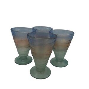 Set Of 4 Frosted Gradient Glass Goblets Blue Green Tones Vintage Decorative Piec